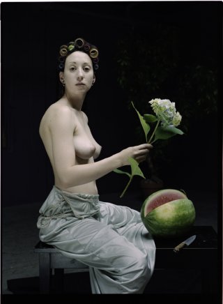 Model with Blue Flower and Watermelon